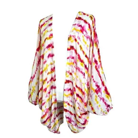 Anthropologie Pink Yellow Tie Dye Kimono Boho Festival Vacation Top OS - Picture 4 of 12